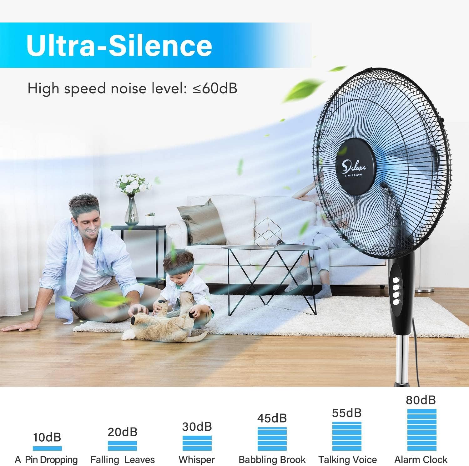 16″ Adjustable Stand Fan for Indoor Black Speed Pedestal Simple