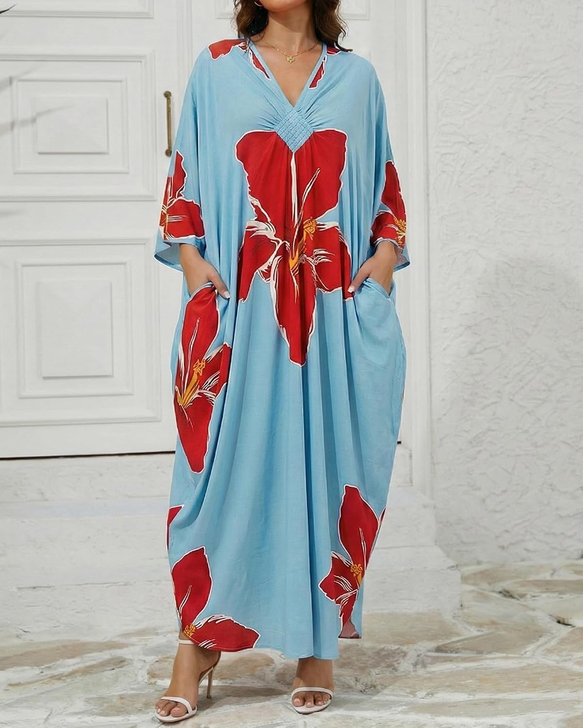 Bsubseach Moo Moos Kaftan Dresses for Women Floral Print Plus Size Swimsuit Coverup Caftan Maxi Beach Dress with Pockets