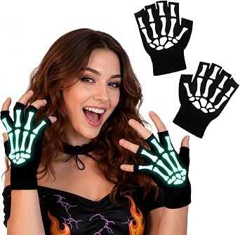 Skeleton Gloves, Skull Gloves Glow in The Dark for Adult Women Men, Halloween Party Cosplay Costume Accessories