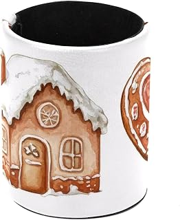 Round Pen Holder for Desk, Leather Pen Pencil Cup, Decorative Desk Stationery Supplies Organizer for Home Office Classroom, Cute Christmas Gingerbread Cookies Collection