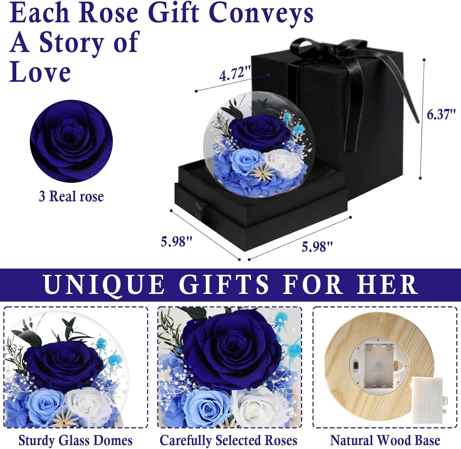 FIACO Preserved Rose Birthday Gift for Women Forever Fresh Flowers for Prime Delivery Gift for Mom Grandma Wife Valentines Mothers Day Christmas Anniversary Eternal Roses in Glass Dome - Image 4