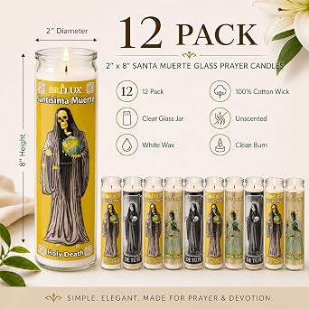 Santa Muerte 8 Inch Black & White Religious Dia de Los Muertos Candles