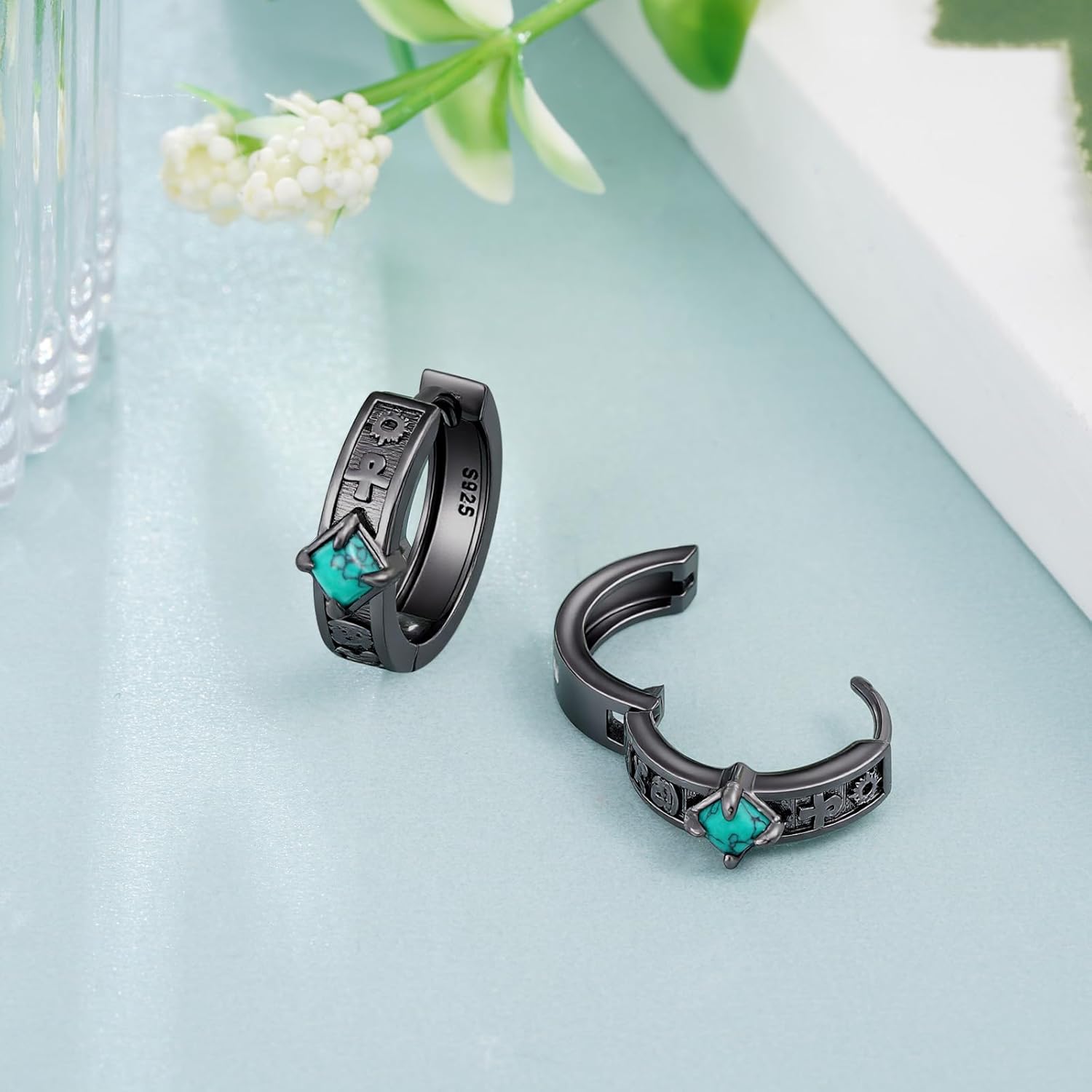 Ankh Earrings 925 Sterling Silver Turquoise Hoop Earrings Egyptian Jewelry Gifts for Women - Image 2