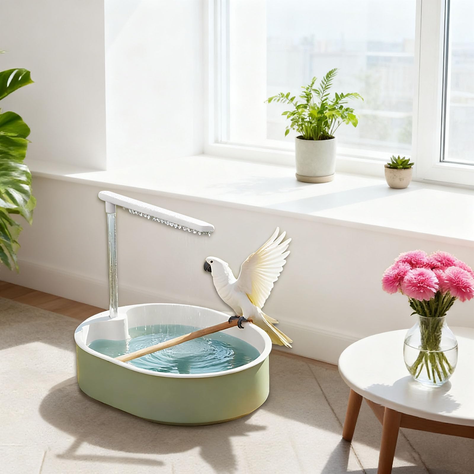 Baños automáticos para pájaros, Ducha para pájaros en Jaula, Ducha para Loros con Flujo de Agua Ajustable, bañera con Ciclo de Agua para agapornis, cacatúas, pinzones (White)
