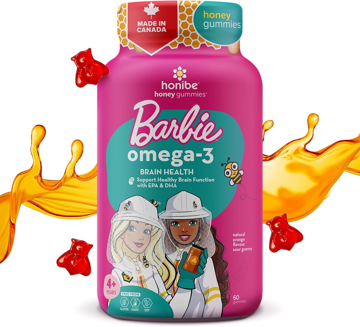 HONIBE HONEY GUMMIES Honibe Omega 3 Gummies for Kids & Adults, Barbie, Made in Canada, Fatty Acids Support Brain Health, Trusted Source of Omega-3 EPA & DHA, Sustainably Sourced Fish Oil No Fishy Taste, 60 Gummies