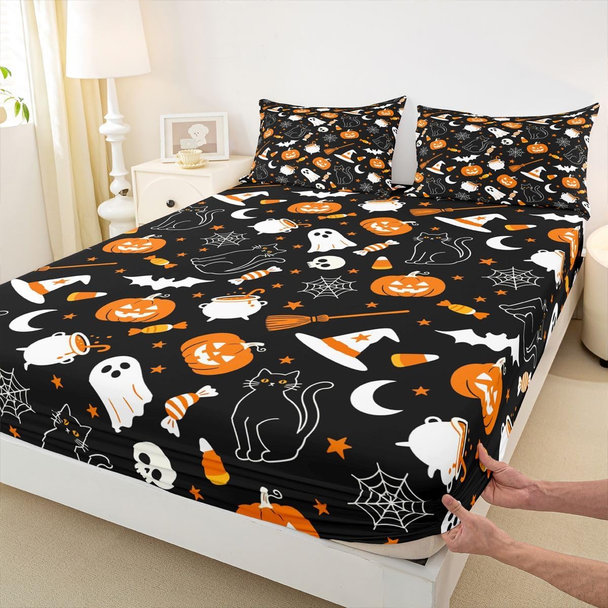 Castle Fairy Halloween Fitted Sheet Queen Size Black Cats Pumpkin Bedding Set 3Pcs Bat Ghost Spider Web Bed Sheet for Kids Boys Girls Teens Room Decor Spooky Aesthetic,Deep Pocket Sheet(No Flat)