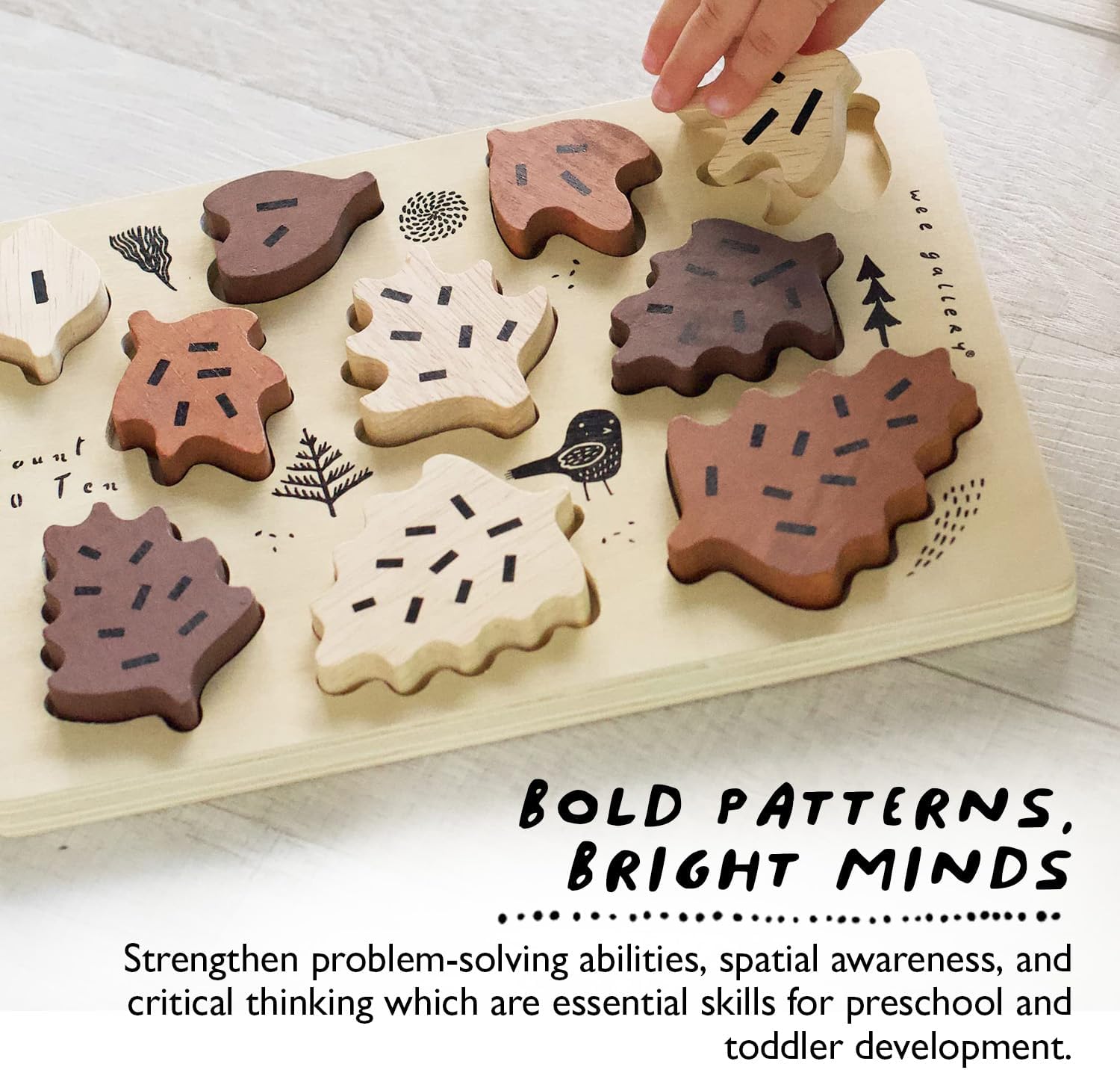 Wee Gallery Wooden Tray Puzzle Count to Ten Leaves, Montessori Toy for Toddlers and Preschoolers for Early Learning and Fine Motor Skill Development, Sustainable Educational Puzzle for Kids