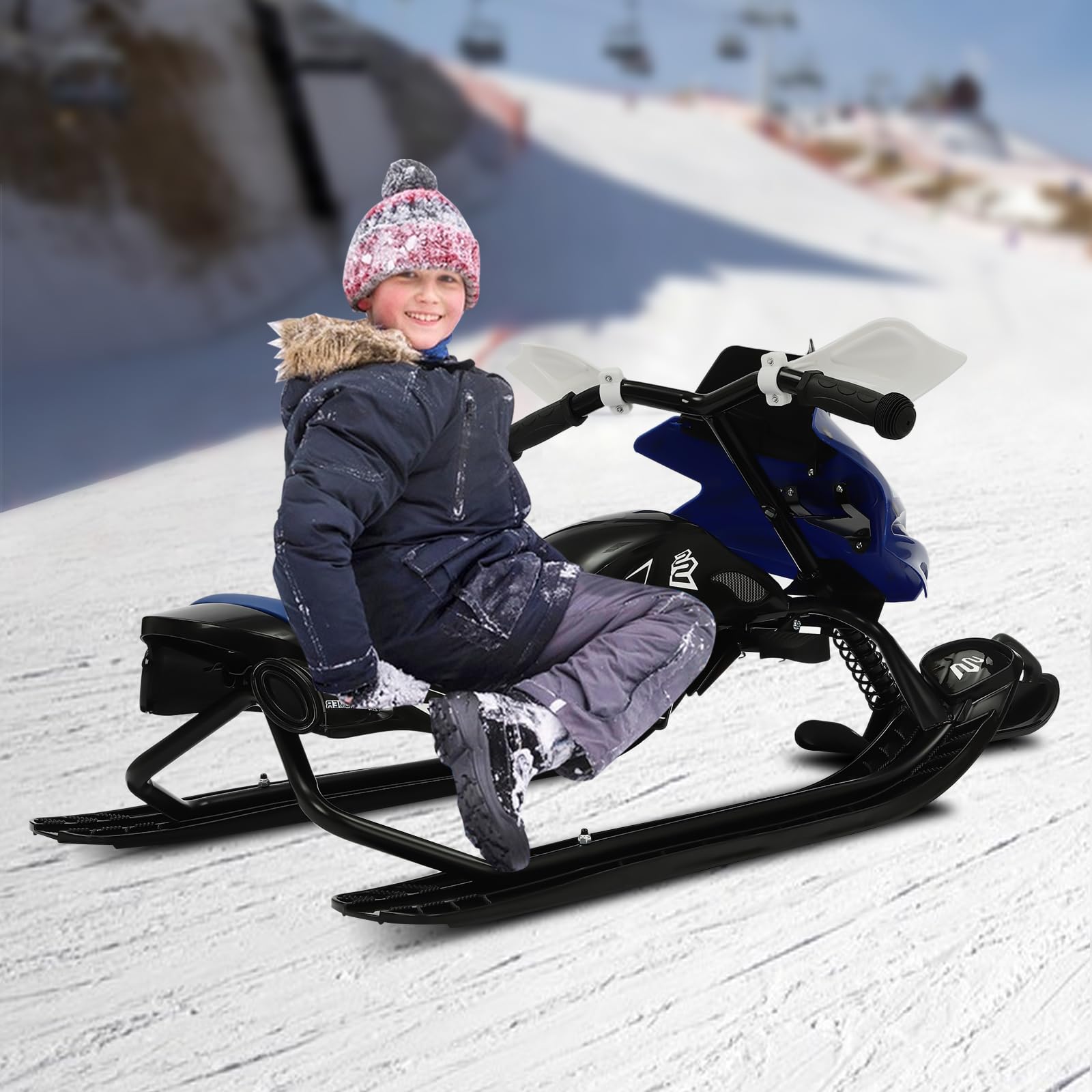 Luge Snowracer pour adulte - Triple ski avec corde de traction - Frein antidérapant - Coussin d'assise réglable pour enfants à partir de 3 ans