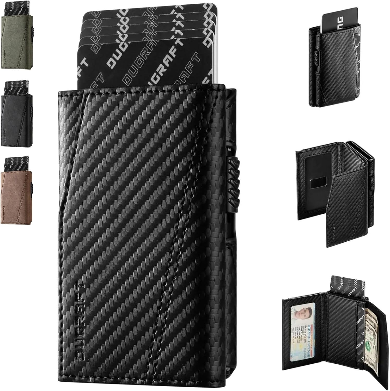 DUGRAFT 𝗗𝗨𝗚𝗥𝗔𝗙𝗧 Card Holder Wallet with ID Window, Leather Mens RFID Blocking Minimalist Pop-Up Wallet Aluminum Metal Credit Card Case with Banknote Compartment