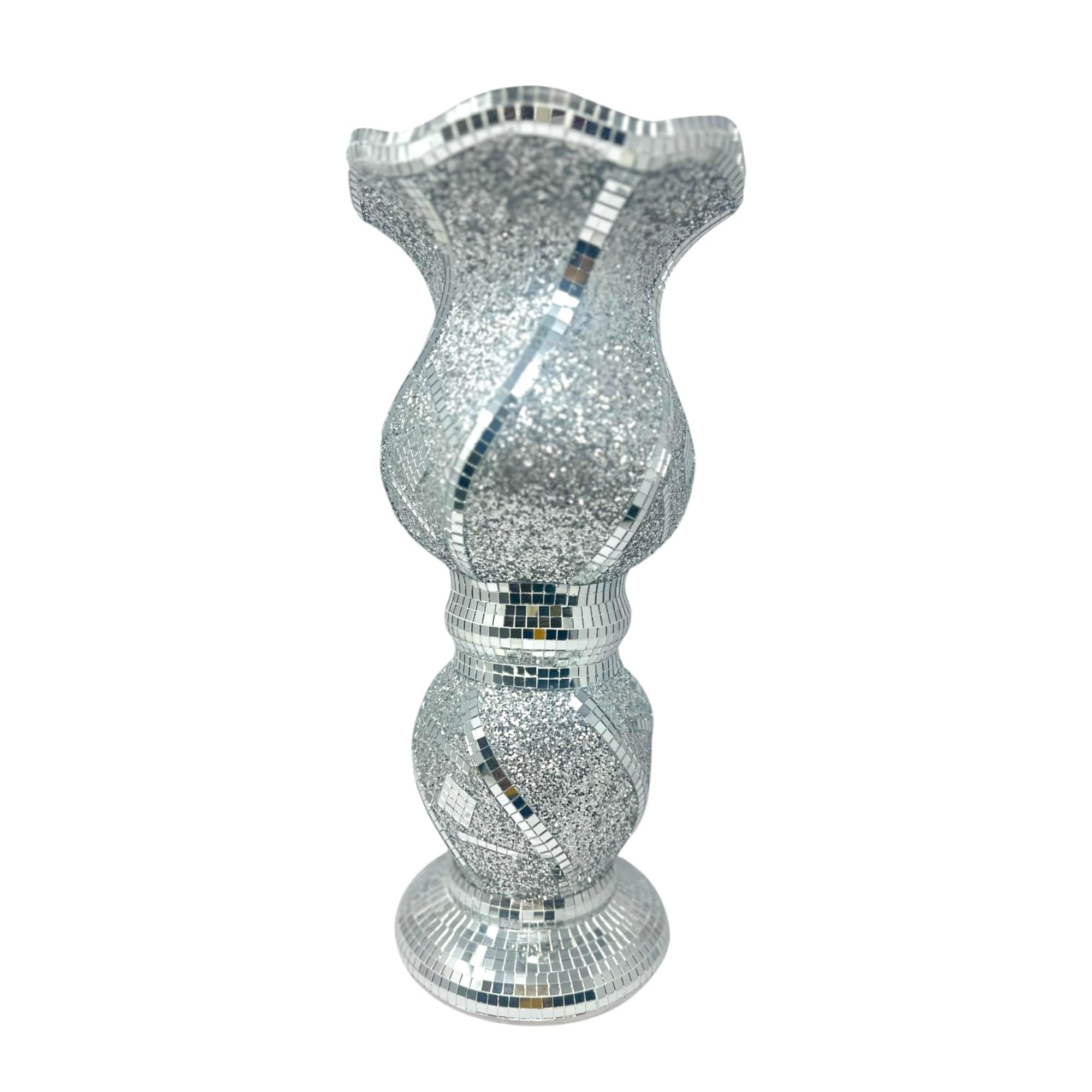 Silver Multi-Design Bling Vase for Flowers – 40cm Tall Crystal Diamond Crush Sparkling Vase, Glitter Decorative Table Centerpiece, Modern Glam Home Décor Ornament, Wedding & Party Flower Holder