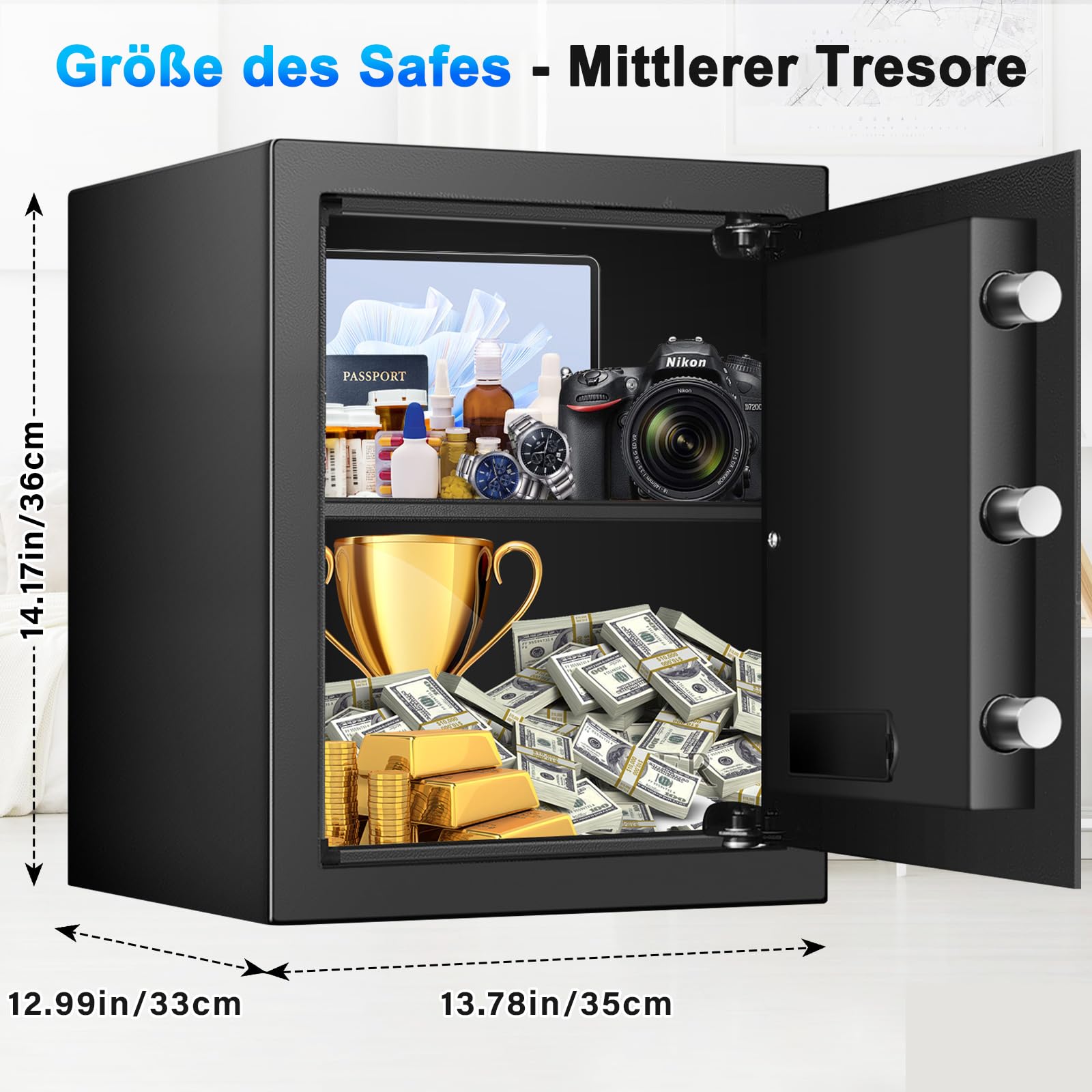 50L Groß Safe Tresor Feuerfest für Zuhause, Digitaler Tresore mit Schlüssel, Sensor-Licht und Abnehmbares Regal, Anti-Diebstahl Safe Tresore für Geld, Dokument, Medizin