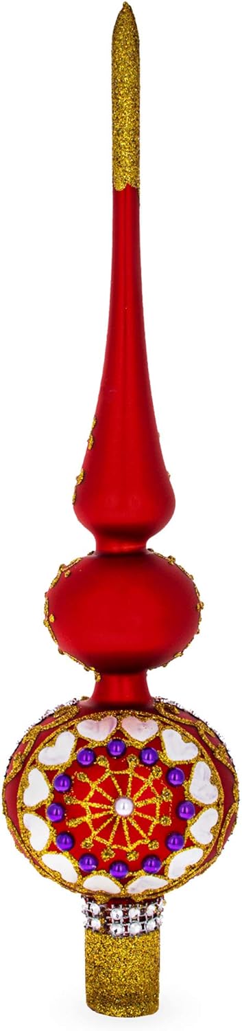 Embossed Clock on Glittered Double Ball Red Glass Christmas Tree Topper 12.5 Inches