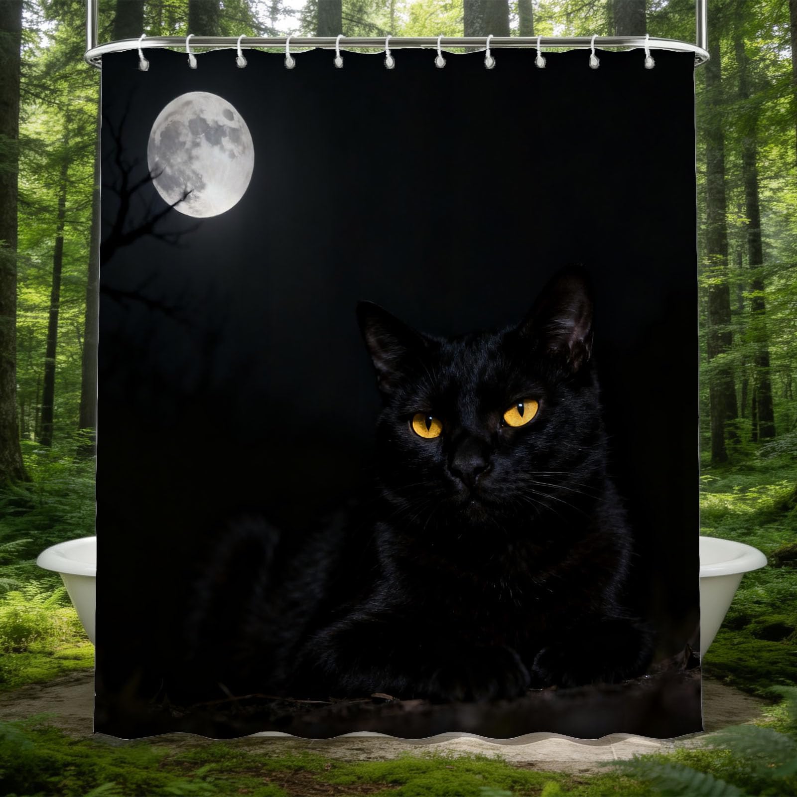 Hongduo 3D Black Cat Shower Curtain for Stalls Bathtubs Mysterious Style Bathroom Decor Shower Curtain Set Polyester Fabric Waterproof 180x180cm/71X71 Inch with Hooks