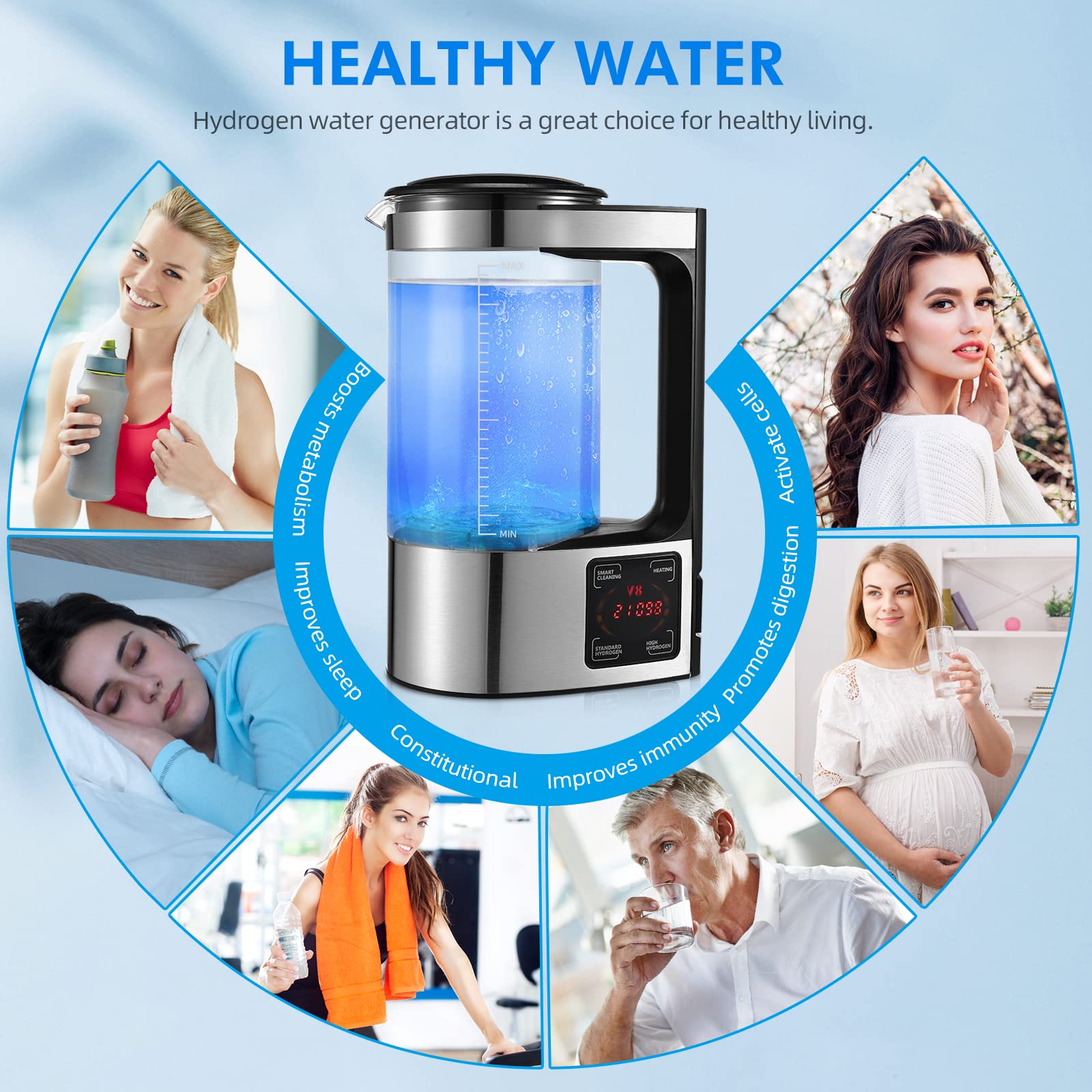 Générateur d'eau hydrogène 2L, Grande Capacité générateur d'hydrogène, portables riches en hydrogène avec écran tactile LED et thermostat Machine Fabricant D'eau Hydrogène pour la maison l'entreprise