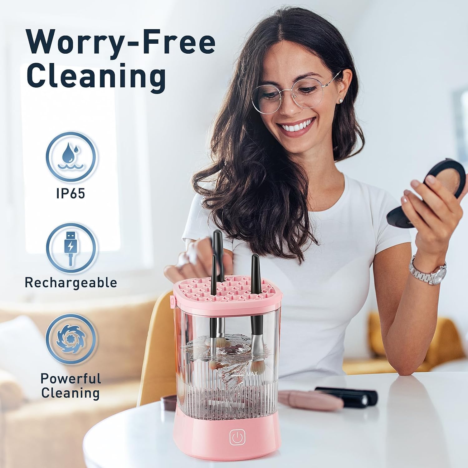 Electric Makeup Brush Cleaner Kit with Cleaning Solution, 12000 RPM, White