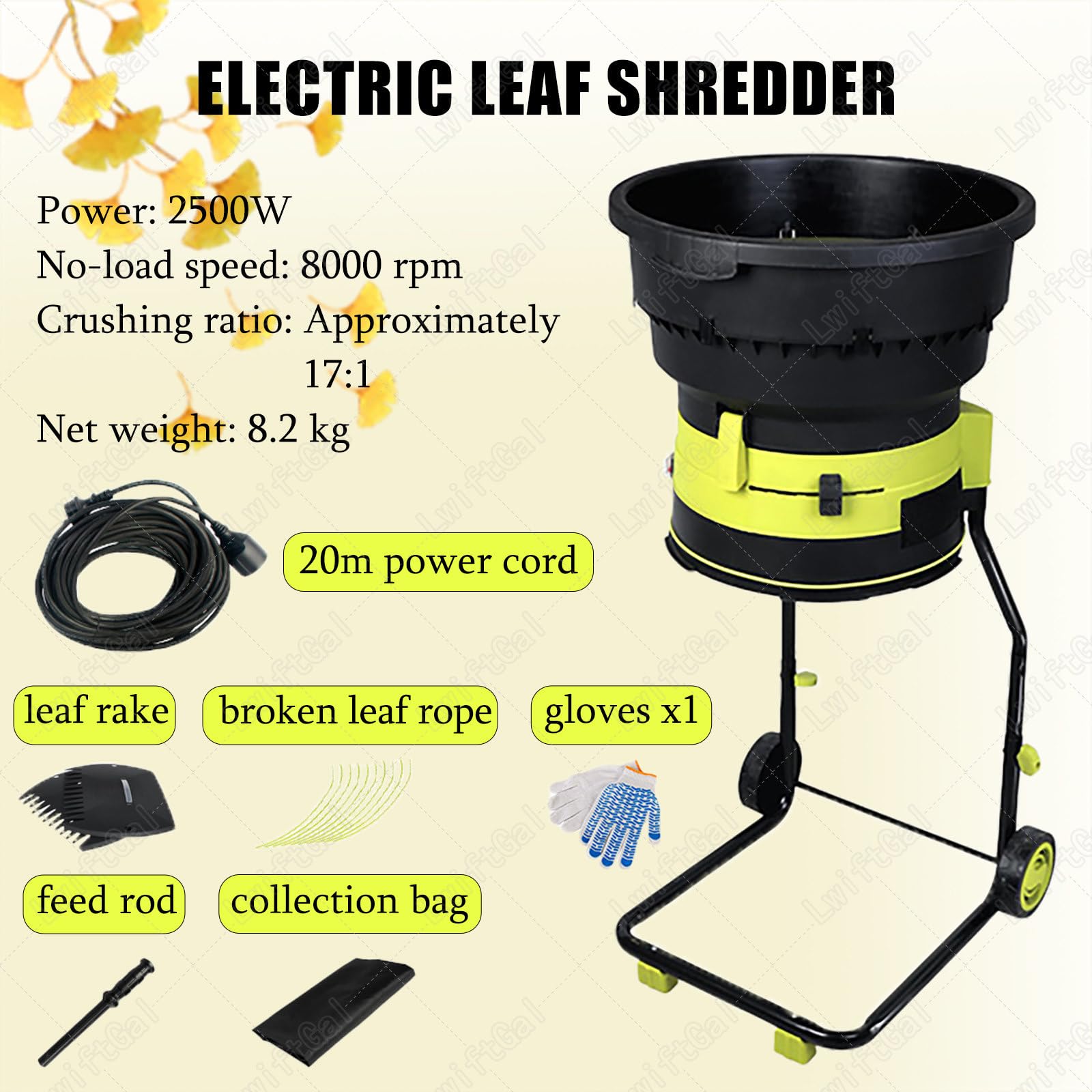 Trituratore/Trituratore Elettrico per Foglie con Cavo da 2500 W, Trituratore per Compost Elettrico, 8.000 Giri/Min, con Ruote E Borsa Portaoggetti 20mpowercord