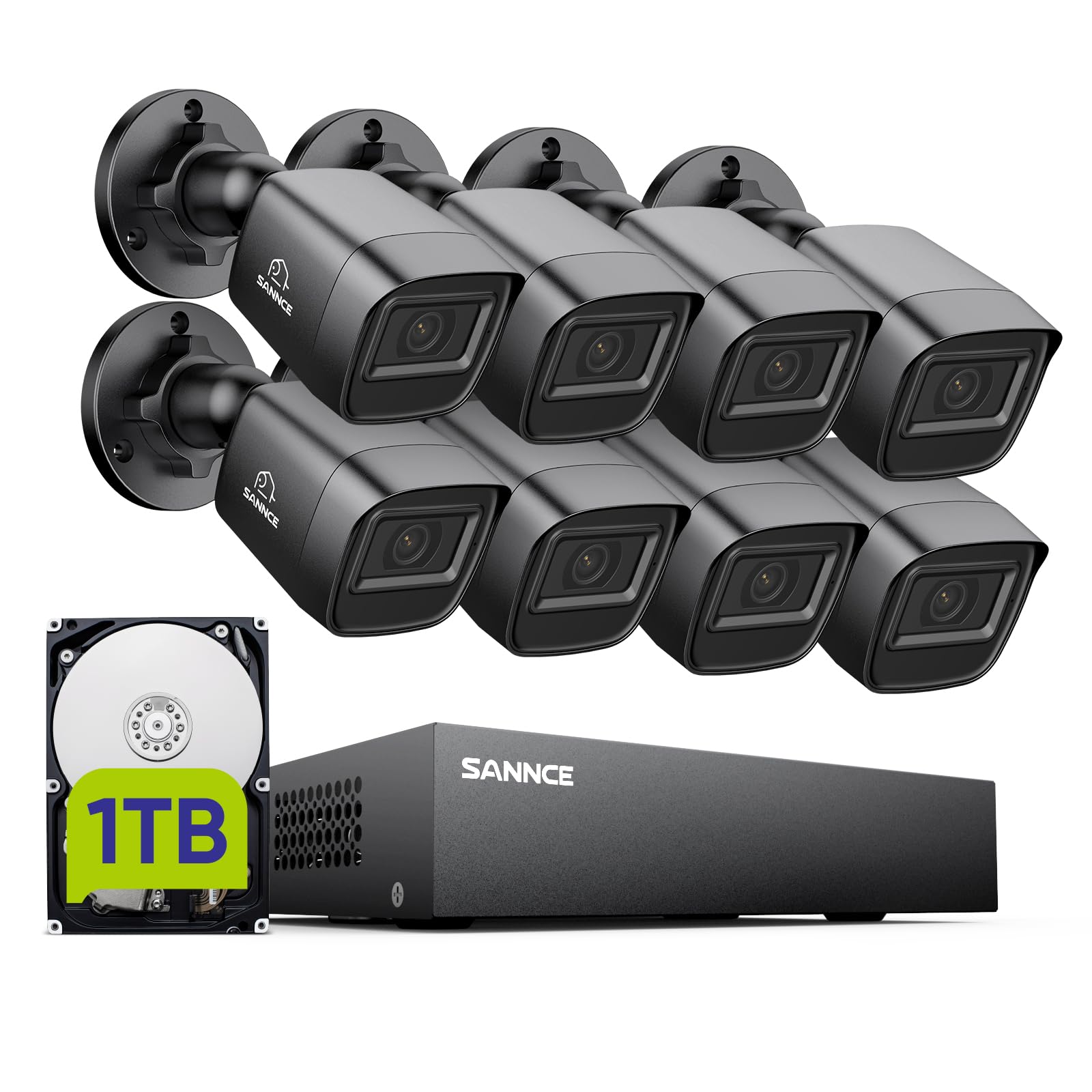 SANNCE 1080P Kit Videosorveglianza Esterno, 2MP DVR 8 Canali HDD 1TB e 8 Telecamere Analogica Bullet con LED a Infrarossi Intelligente, Riconoscimento di Persone/Veicoli, Impermeabilità IP66