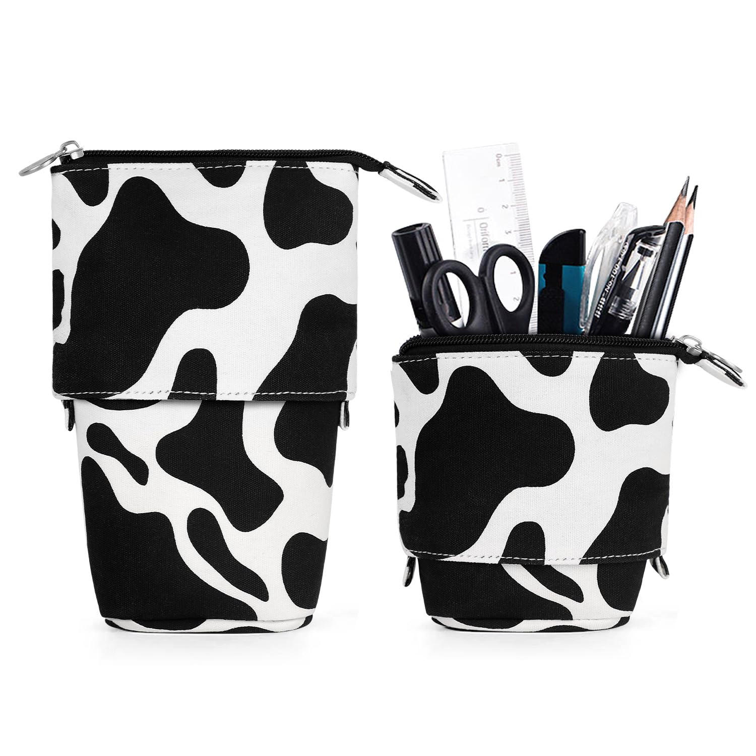 KPX Cute Standing Pencil Case for Kids, Pop Up Pencil Box Makeup Pouch, Christmas Gift Kids Canvas Pen Holder Organizer Cosmetics Bag, Kawaii Stationary (Cow Print)