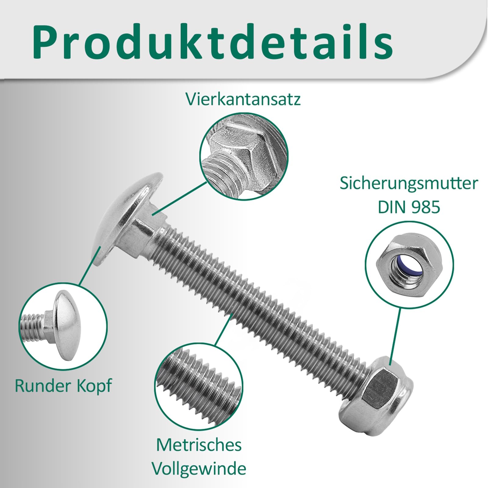DSM – Viti a testa tonda M12 x 60 mm a norma DIN 603 – Dado di sicurezza M12 DIN 985 – Acciaio inox A2/V2A – Viti a testa tonda con attacco quadrato – Dadi autobloccanti con morsetto – 10 pezzi