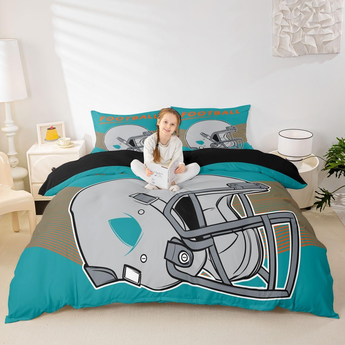 Erosebridal Football Comforter Cover Kids Football Helmet Design Bedding Retro Teal Orange Duvet Cover Bedroom Decor, Gridiron Sports Game Bedspread Cover with 2 Pillowcases Full