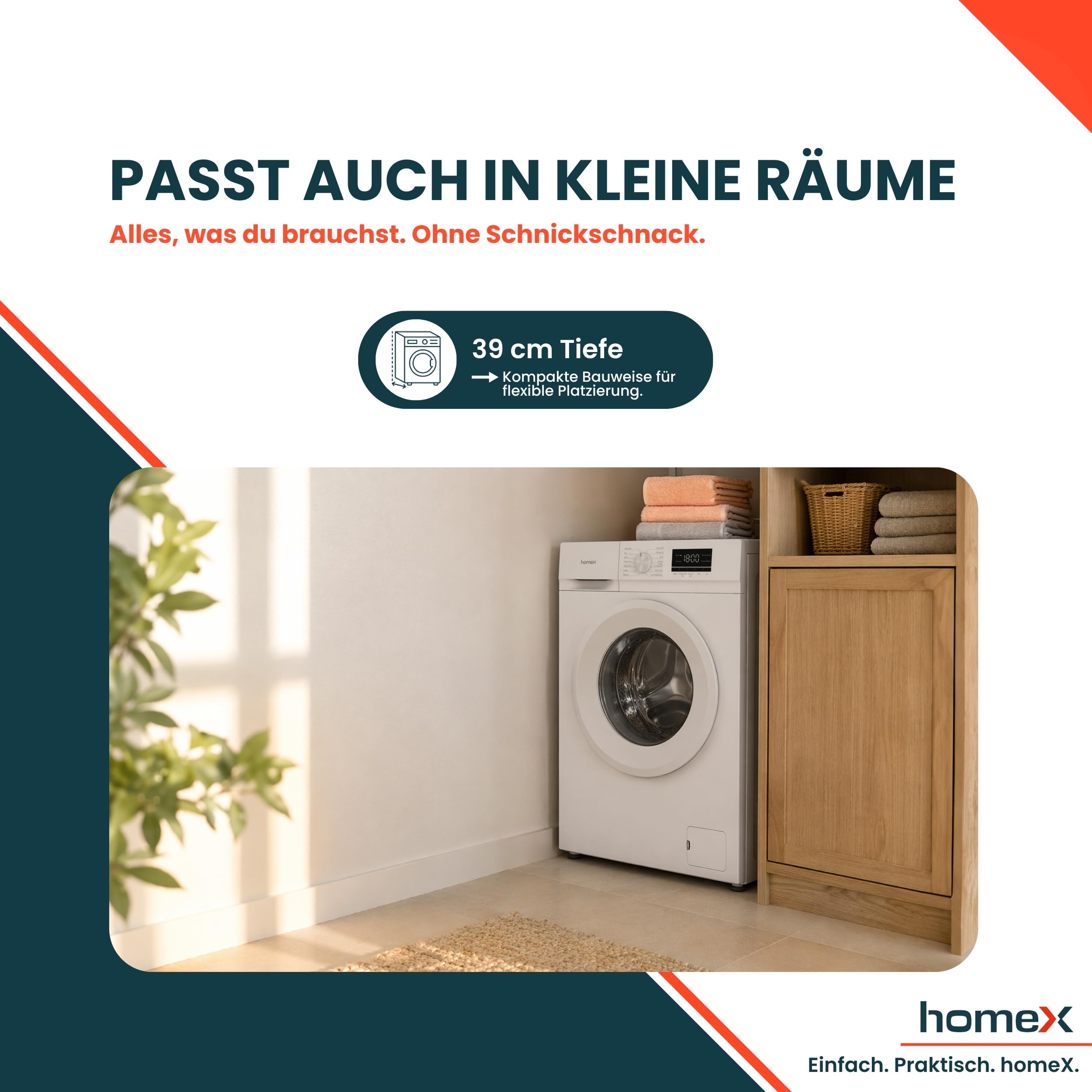 homeX Waschmaschine 6kg Frontlader 1000 U/Min Energieklasse A AquaStop Inverter Motor 14 Programme 74 dB 39 cm Tiefe 90°C weiß WF610K1A-W