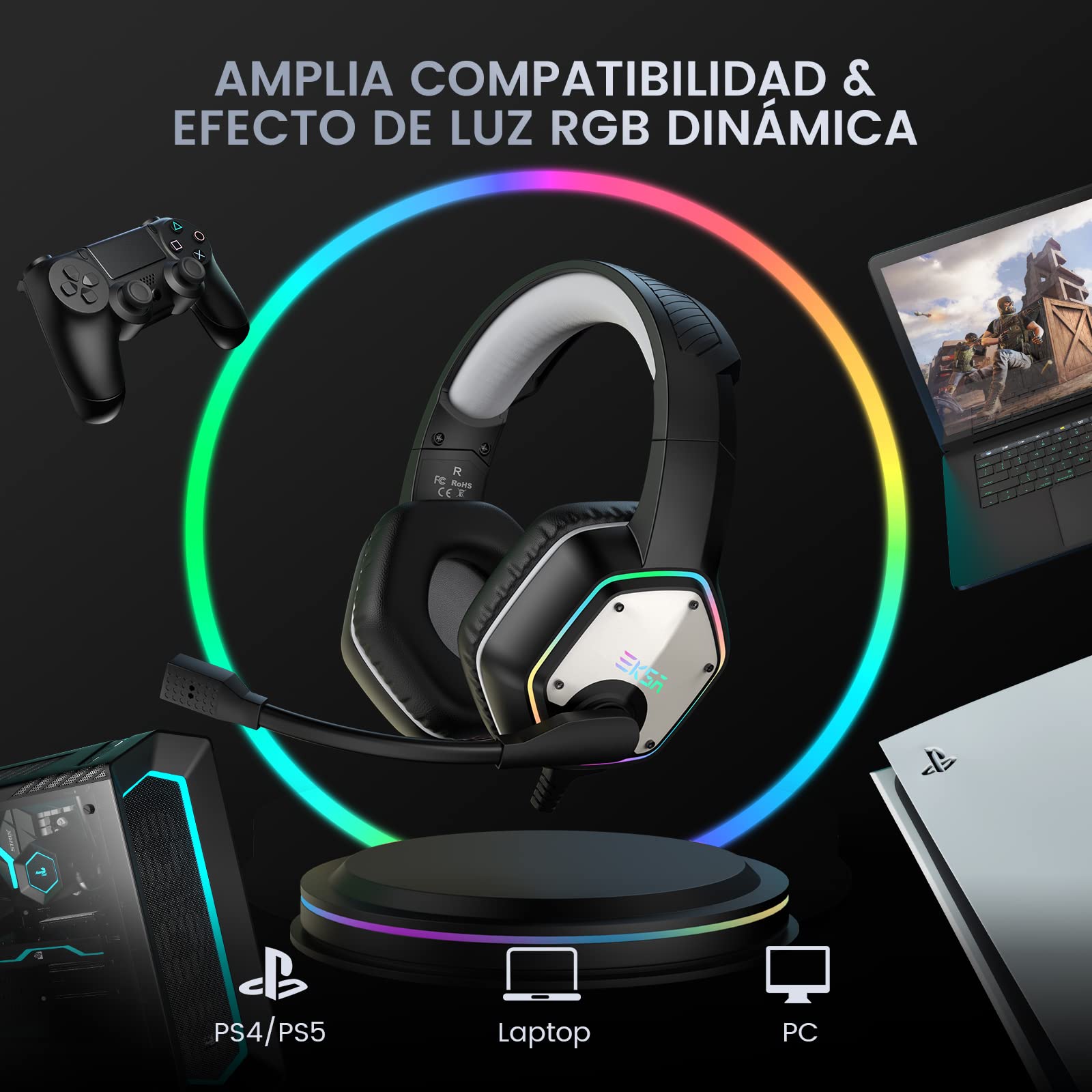 EKSA E1000 Cascos Gaming USB para PC, Over Ear Auriculares Gaming con Cable, Micrófono con Cancelación de Ruido, Sonido Envolvente 7.1, Luz RGB para Consola PS4 / PS5,Laptop