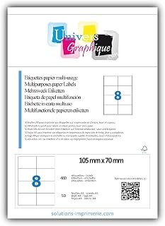 50 Bogen DIN A4 zu je 8 Etiketten (105 x 70 mm)= 400 bedruckbare Etiketten, permanent haftend, mattweiß. Kompatibel mit allen gängigen Drucksystemen und Softwareprogrammen