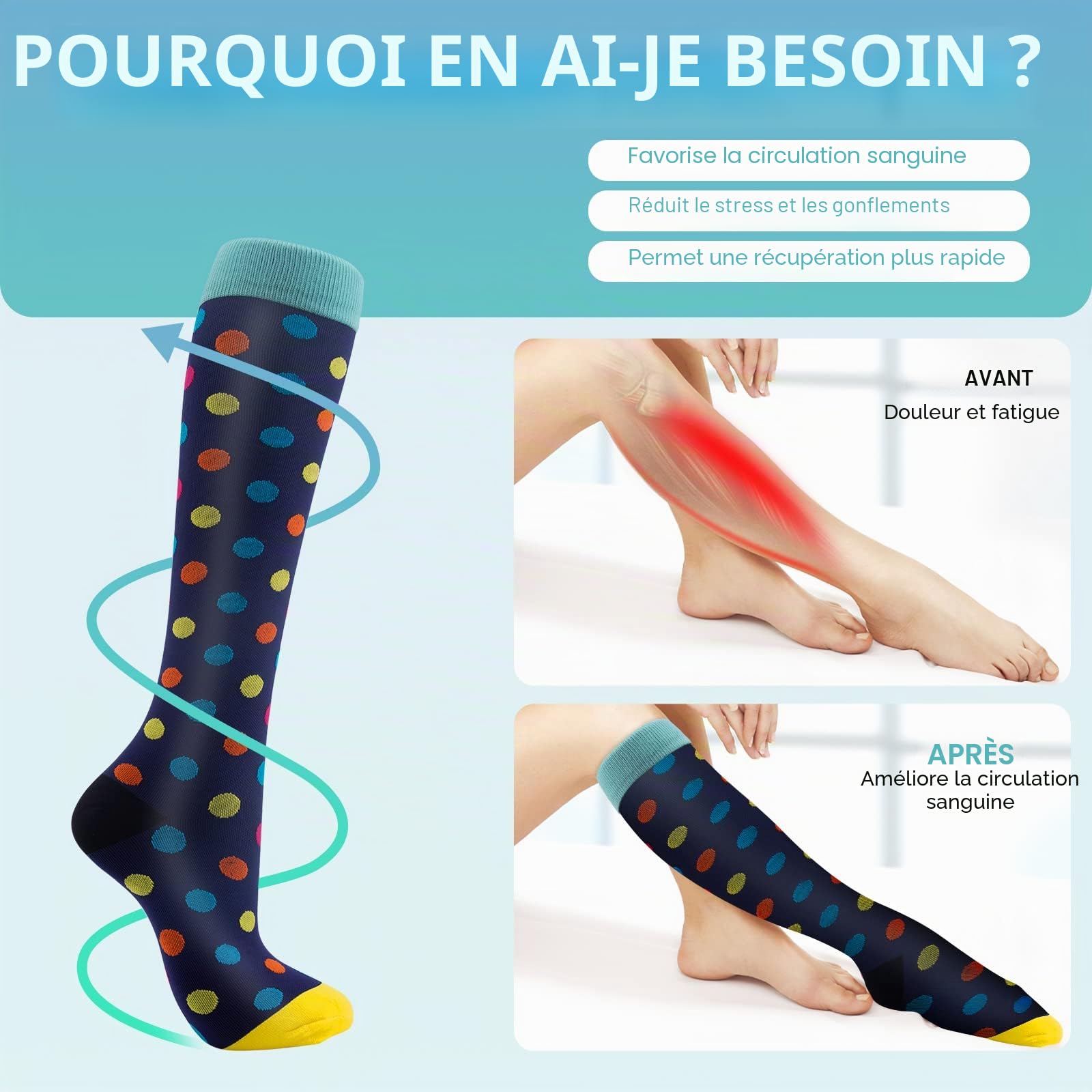 Chaussettes de Compression, (2/4/6/7 paires) pour Hommes et Femmes 15-20 mmHg, idéales pour L'athlétisme, la Course, les voyages en avion, le Soutien