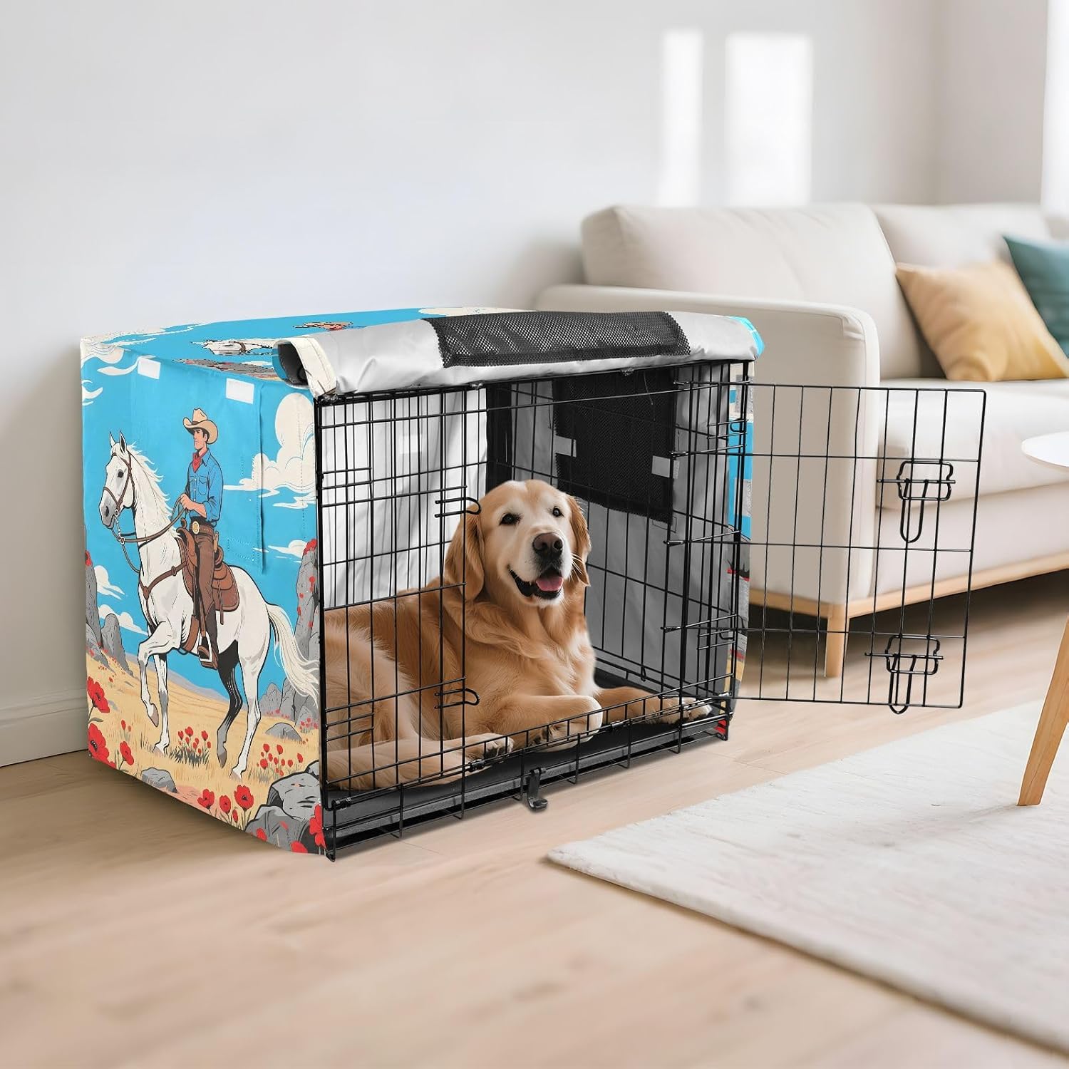 Cartoon Western Cowboy Dog Crate Cover 600D Oxford Pet Kennel Cover with Mesh Window for Dog Cages, Windproof Waterproof Machine Washable, 48"x30"x33"