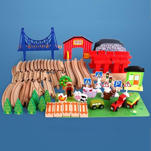 Jacootoys 80PCS Wooden Train Tracks Set Magnetic Trains Educational Construction Toy Wooden Car Tracks Vehicles for Kids 3+ Years Old Girls Boys - 6