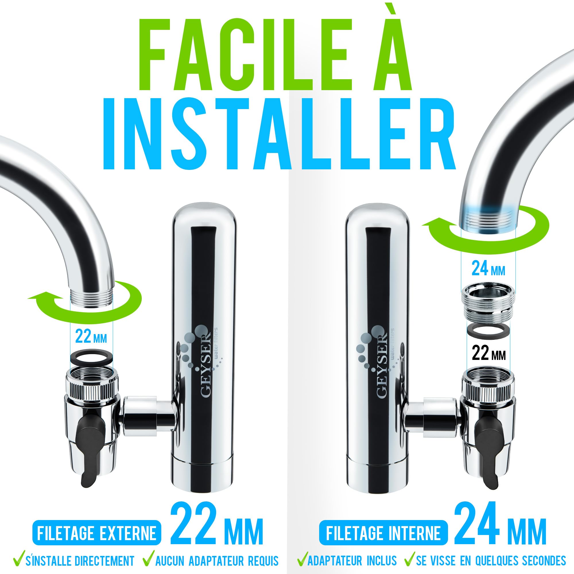 GEYSER EURO - Filtro per Acqua di Rubinetto con Materiale Unico ARAGON, Sistema di Filtraggio Dell'acqua Altamente Efficiente: Sistema con 1 Cartuccia Preinstallata + 3 Cartucce Aggiuntive