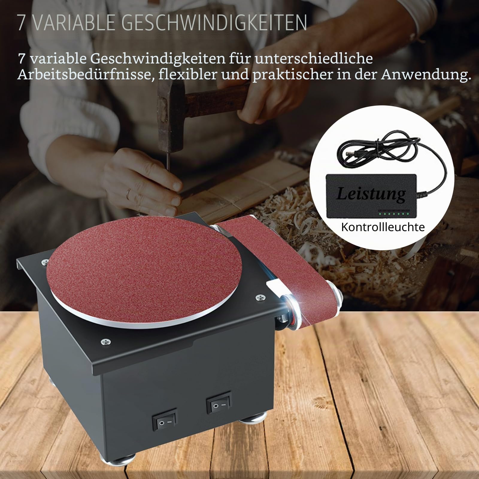 Band und Tellerschleifer, Elektrischer Bandschleifer Einstellbarer Geschwindigkeit, Durchmesser Schleiftellers 150mm, Bandschleifer Lieferung mit 10 Blatt Schleifpapier und 10 Schleifbändern