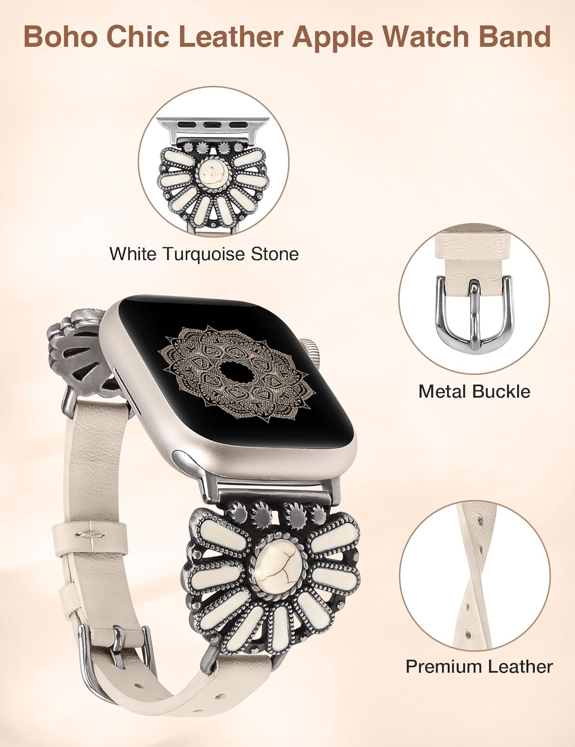 W-RARA Leather Band Compatible with Apple Watch Band Women 38/40/41/42/44/45/46/49mm, Boho Western Vintage Turquoise Ethnic Antique Style Strap for iWatch Series Ultra 2 SE 11 10 9 8 7 6 5 4 3 2 1 - Image 3