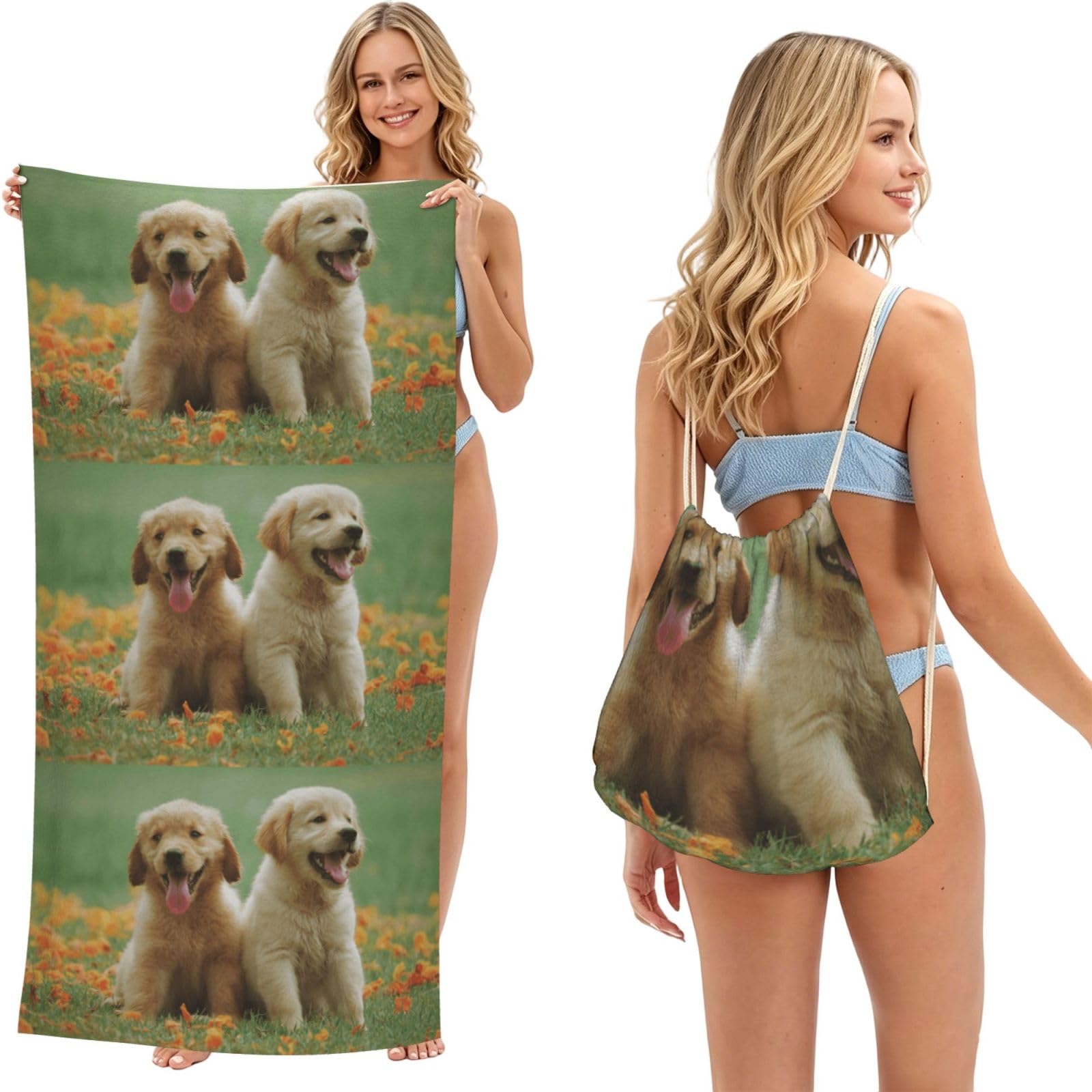 Poadnly As Picture Yellow Labrador Retriever Puppies, 2 In 1 Packable Towel Bag, Beach Towels With Drawstring Backpack For Travel Holiday Camping