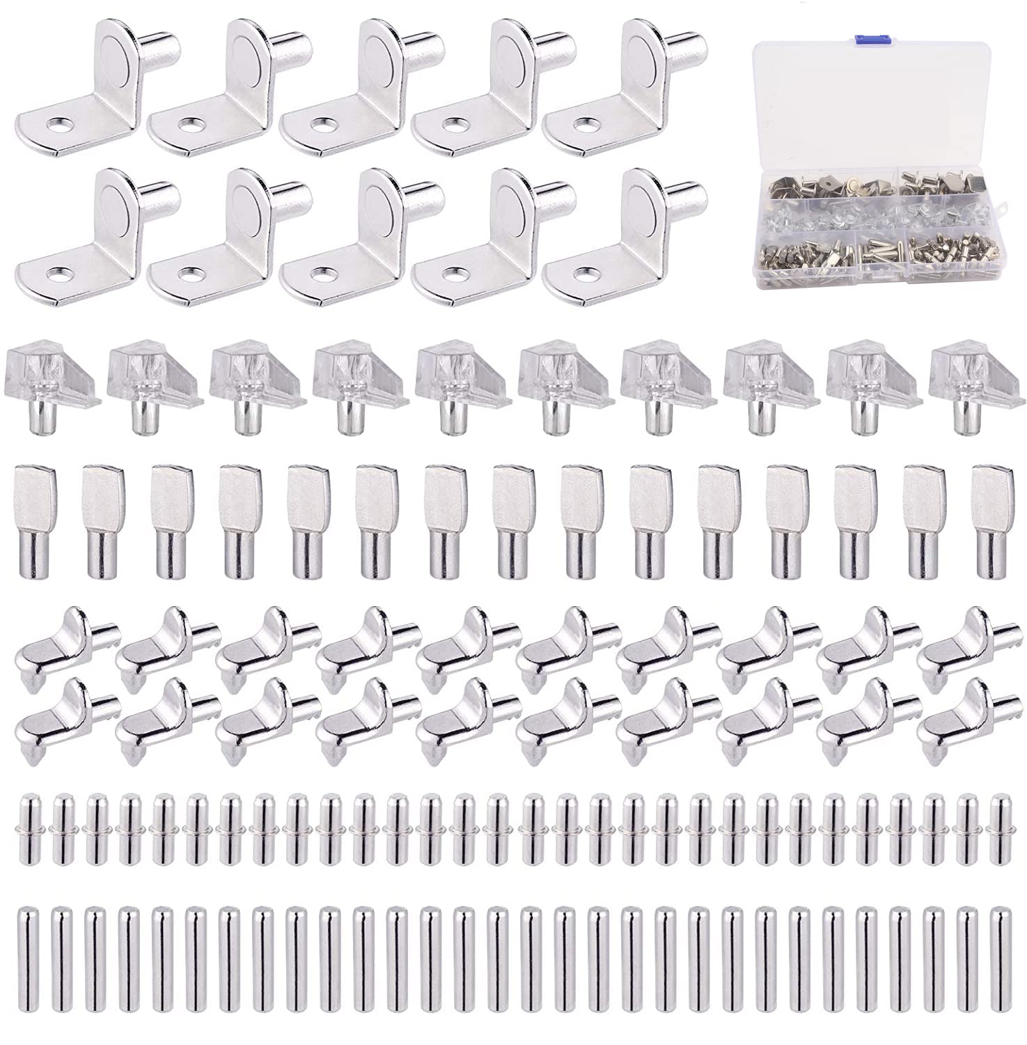 Heedpeiur 120Pcs Shelf Support Pegs kit, 6 Styles Shelf Pins,Kitchen Cupboard Shelf pegs, Metal Shelving Brackets and Supports for Glass Shelf Supports, Cabinet Shelf(Silver)