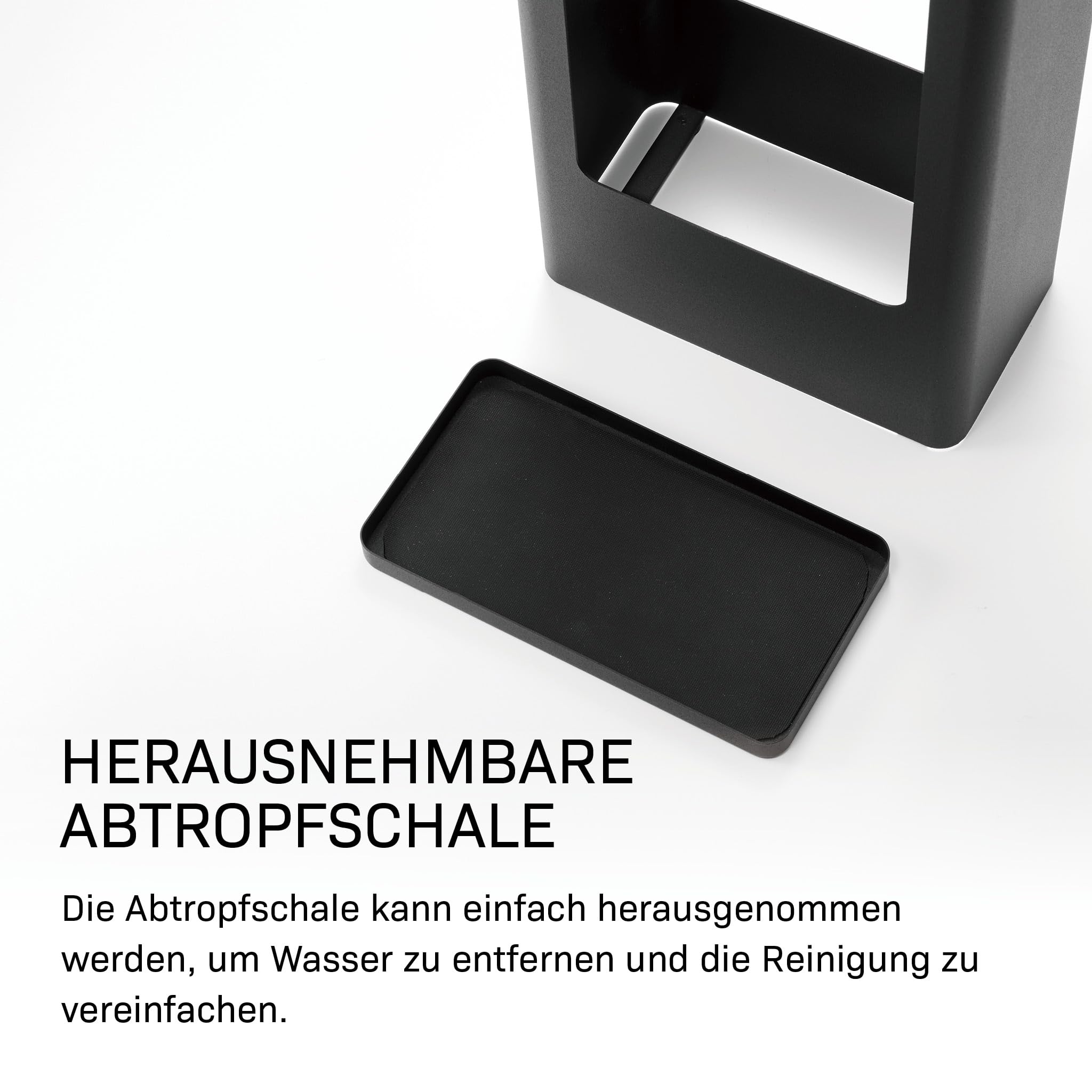 YAMAZAKI Tower Schmaler Schirmständer aus Stahl - bis zu 8 Schirme, mit Abtropfschale/Silikonmatte - 12 x 22 x 50 cm, Japanisches Design, schwarz