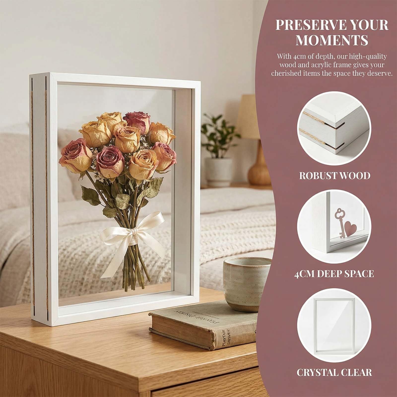 Cadre Photo 3D à Remplir pour Objet, Cadre de Boîte d'Ombre A4, Cadre Photo Profondeur 5cm en Bois, Cadres Vitrine Profond pour Photos Fleurs Souvenirs Médailles (Noir,21x29.7cm)