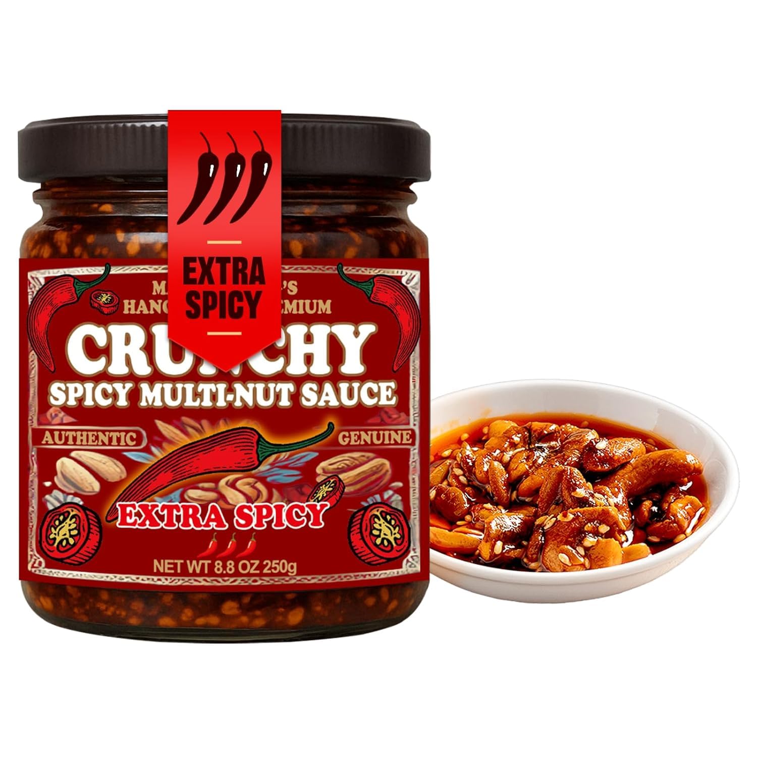 NÜLIFE Chili Crisp with Crunchy Nuts – Sichuan-Style Chili Oil with Cashew, Walnut, Peanut, Sesame, Sunflower Seed – Vegan, Gluten-Free, Savory Spicy Sauce – Medium Heat & Tangy – 8.8