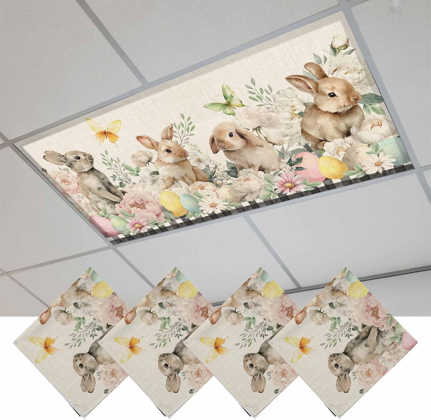 2x4 ft Fluorescent Light Cover for Ceiling Vintage Easter Bunnies Flowers Magnetic Light Filters, Retro Butterfly Plaid Ceiling Lampshades for Home School Office 4Pcs