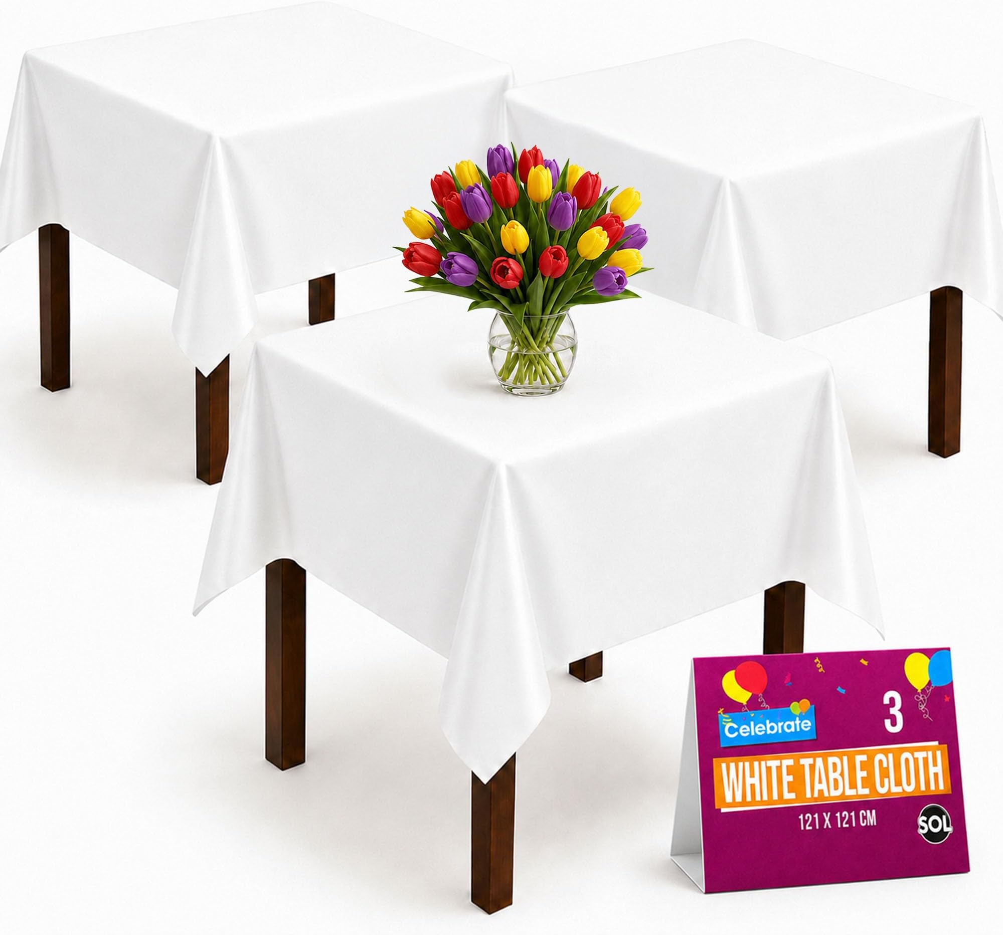 SOL 3pk White Table Cloth Party - Plastic Table Cover 121x121cm | Plastic Table Cloth Wipe Clean For Parties - Table Cover Waterproof for Birthdays, Buffets & Weddings, 3pk x 121x121cm