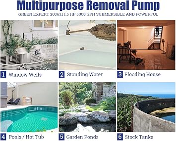 Green Expert 1.5HP Submersible Sump Pump High Flow 5000GPH 25ft Power Cord Manual Automatic On/Off for Water Removal from Basement Sump Pit Pools Hot Tub Spas Garden Pond