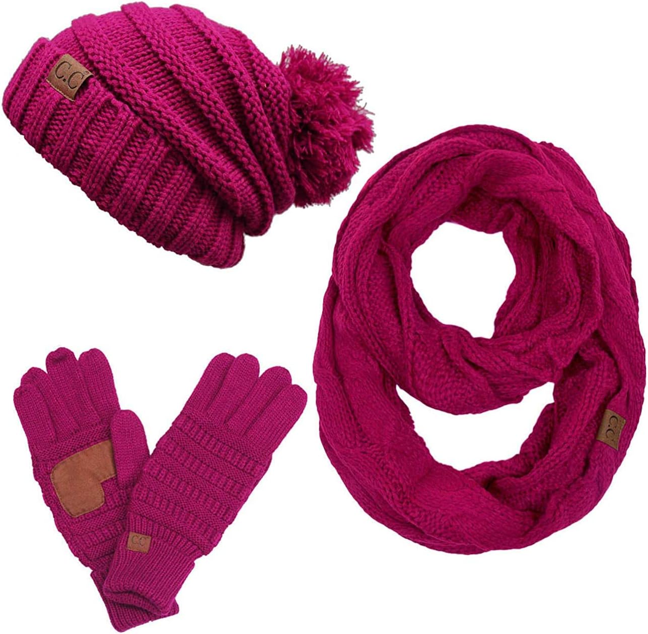 3pc Set Trendy Warm Chunky Soft Stretch Cable Knit Slouchy Pom Pom Beanie, Scarves and Gloves Set