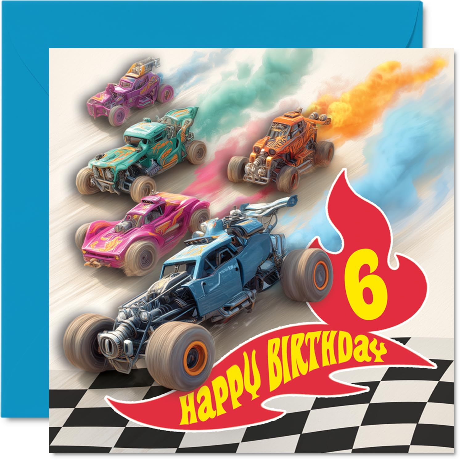 Playful 6th Birthday Card - Revved-up Birthday Fun - Colourful Racing Cars Zooming Across a Dynamic Backdrop - 145mm Square, Envelope Included