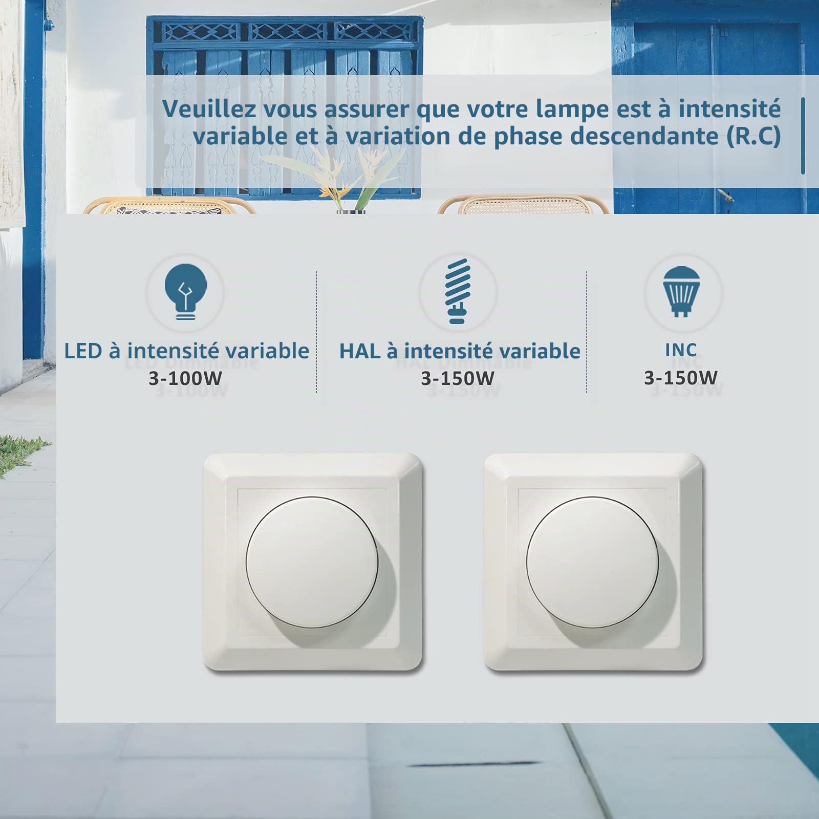 Lot de 2 interrupteurs variateurs à intensité variable encastrés pour LED à intensité variable 3 à 100 W et halogène 3 à 150 W
