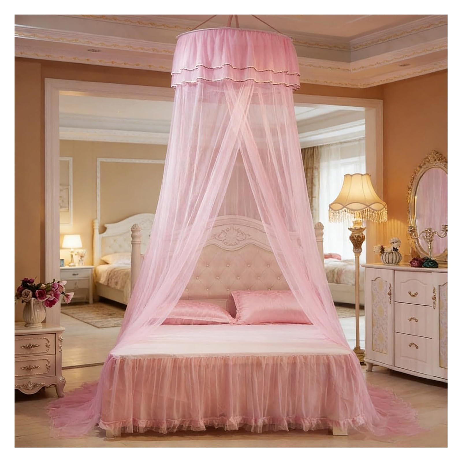 Auvent de lit à dôme rond en dentelle rose pour chambre d'enfant et suite parentale