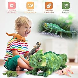 MorisMos Plush Lizard Stuffed Animals, 27\'\' Giant Mommy Chameleon Stuffed Animal with 4 Baby Lizard Toys for Kid Girl Boy, Realistic Large Iguana Mom, Cute Gecko Toys Gift for Kid Birthday Christmas