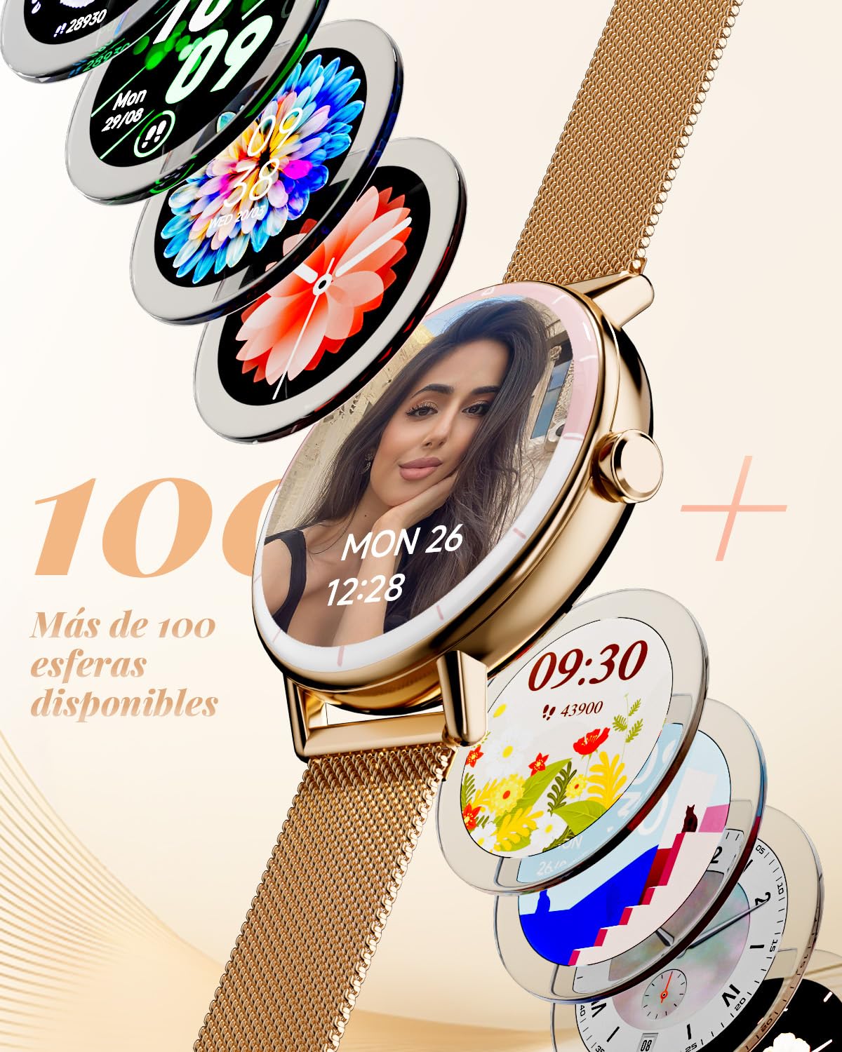TOOBUR Reloj Inteligente Mujer, 40mm Smartwatch Redondo, IP68, Oro Rosa | Reloj Deportivo Que Cuenta Pasos y Calorías, Compatible con Android e iOS, Responder y Realizar Llamadas, Dos Correas