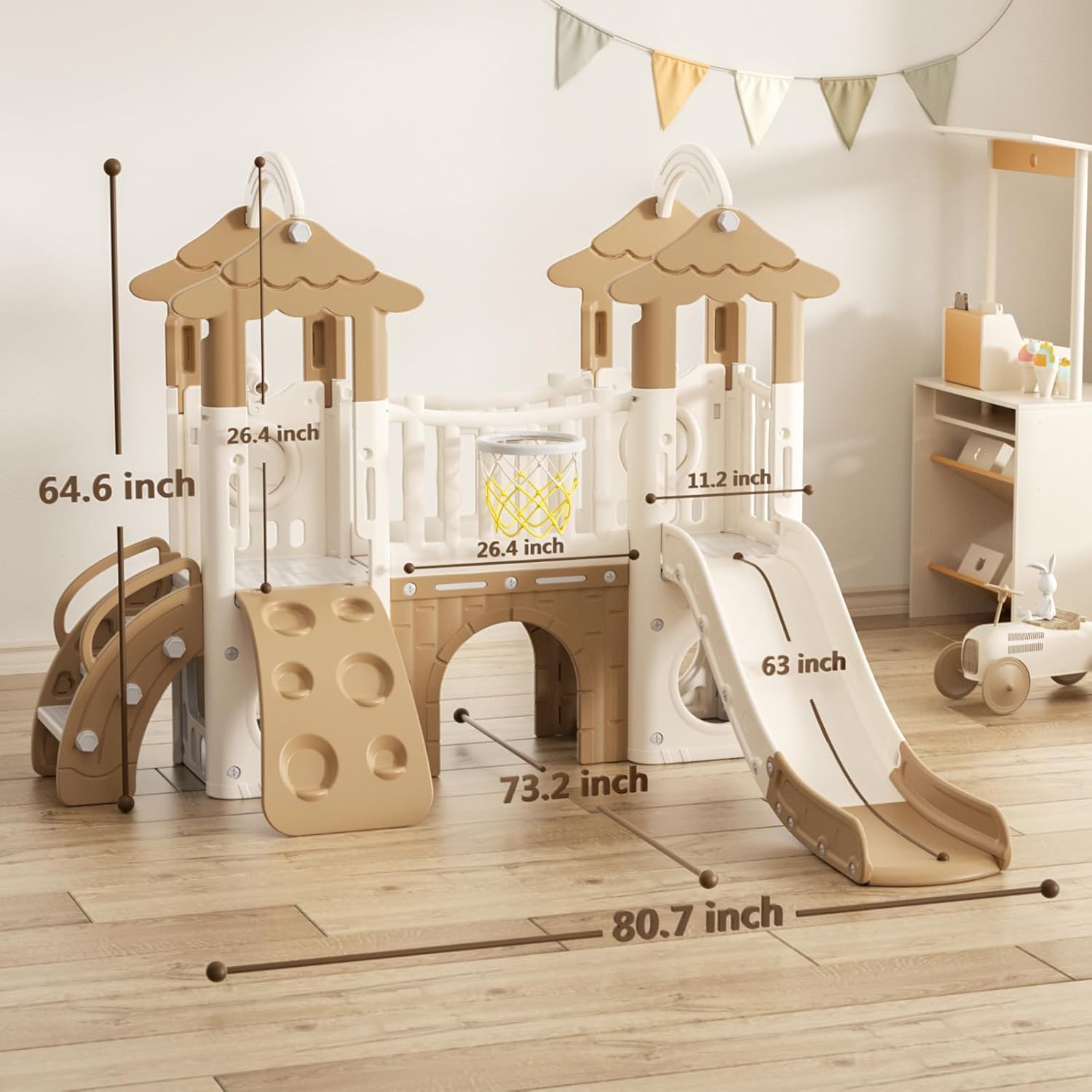 Glaf Toddler Slide 9 in 1 Jungle Slide Outdoor Playset for Toddlers Age 1+ Kids Baby Indoor Playground for Backyards with Climbing Wall Grassroof Basketball Hoop Telescopes and Storage Space (Brown)
