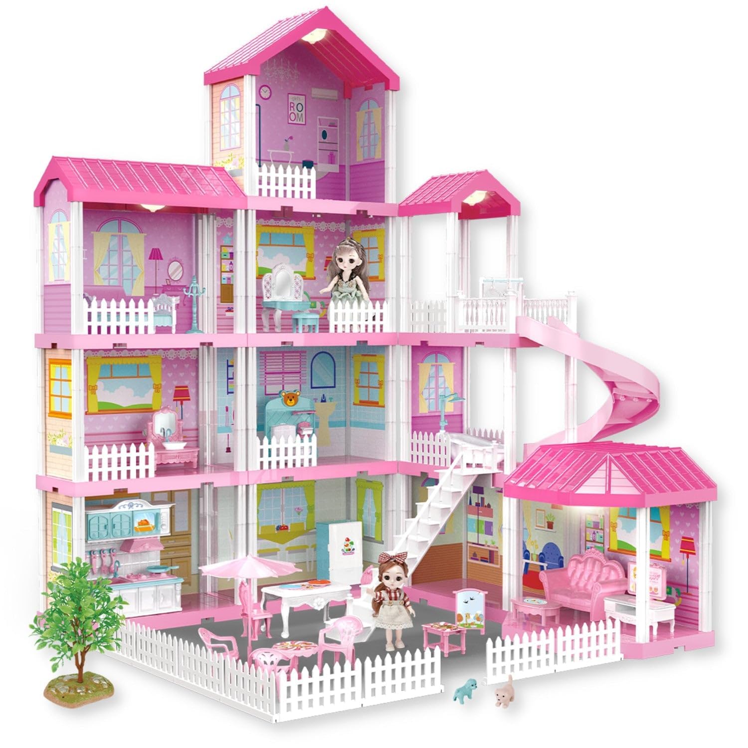 FITTO11 Rooms Dollhouse Playset, 4 Floors Huge Girls Doll House with 2 Dolls, Slide, Stairs, and All Accessories, Pink