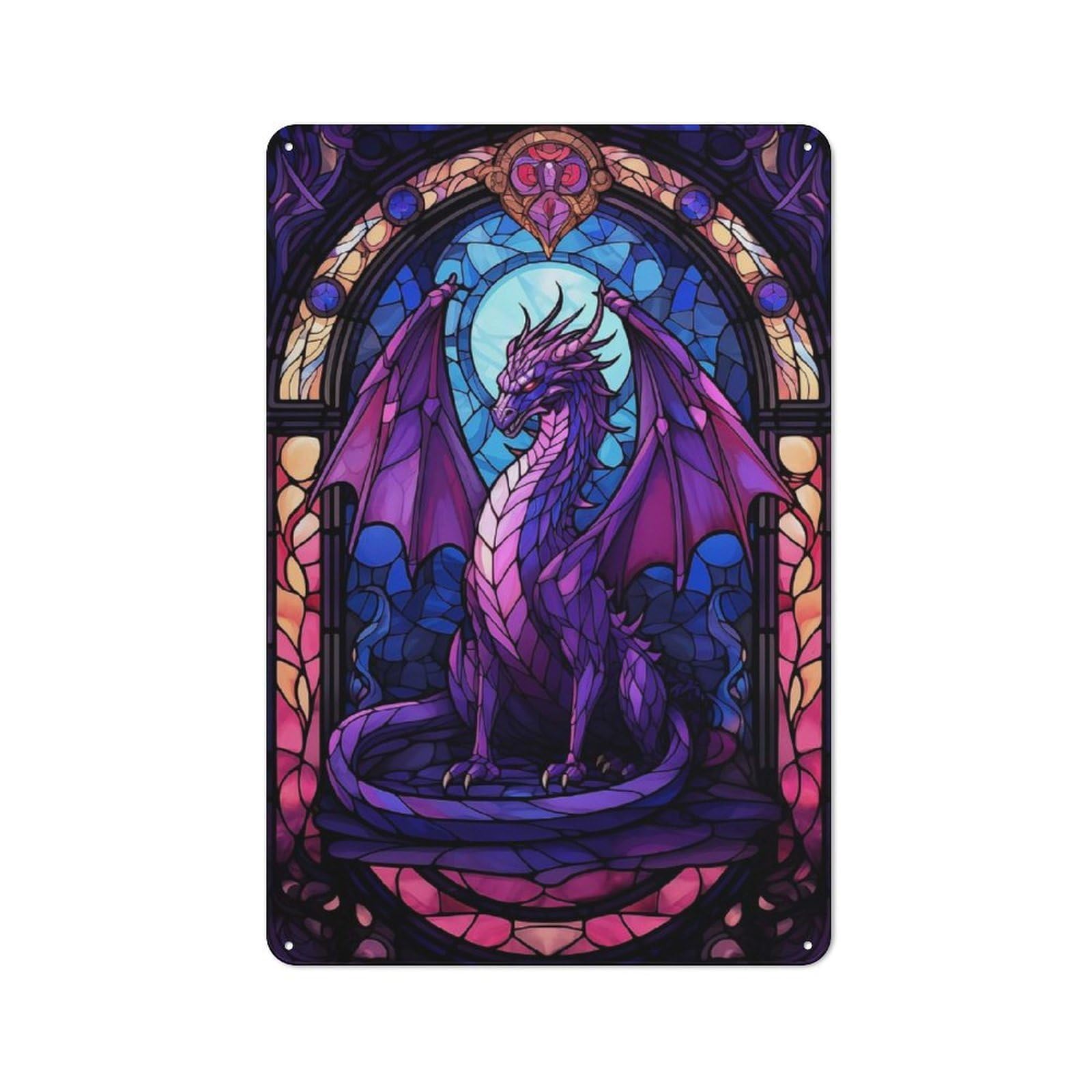 Junmoney Purple Drakonar Dragon Vintage Metal Gift Sign 30X20cm, Room Wall Plaque For Hallway, Home Bar, Garage Or Study